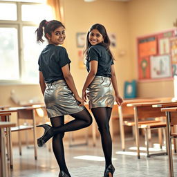 A cozy and inviting scene featuring two young Indian school girls, both aged 18, dressed in stylish silver leather mini skirts, trendy t-shirts, and black stockings with heeled shoes