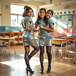 A cozy and inviting scene featuring two young Indian school girls, both aged 18, dressed in stylish silver leather mini skirts, trendy t-shirts, and black stockings with heeled shoes