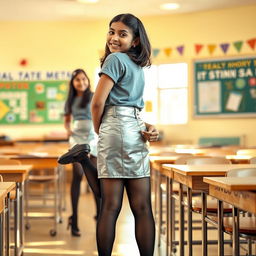 A cozy and inviting scene featuring two young Indian school girls, both aged 18, dressed in stylish silver leather mini skirts, trendy t-shirts, and black stockings with heeled shoes