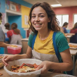 A strong and compassionate girl in Marvel comic style, volunteering at a shelter, filled with gratitude and compassion. She's serving food, amidst vividly colored surroundings showcasing emotions of the people.