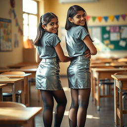 A cozy and inviting scene featuring two young Indian school girls, both aged 18, dressed in stylish silver leather mini skirts, trendy t-shirts, and black stockings with heeled shoes