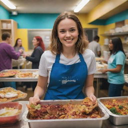 A strong and compassionate girl in Marvel comic style, volunteering at a shelter, filled with gratitude and compassion. She's serving food, amidst vividly colored surroundings showcasing emotions of the people.