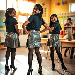 A cozy and inviting scene featuring two young Indian school girls, both aged 18, styled in fashionable silver leather mini skirts, trendy t-shirts, and black stockings paired with heeled shoes