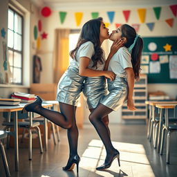 A cozy and inviting scene featuring two young Indian school girls, both aged 18, elegantly dressed in stylish silver leather mini skirts, trendy t-shirts, and black stockings with heeled shoes