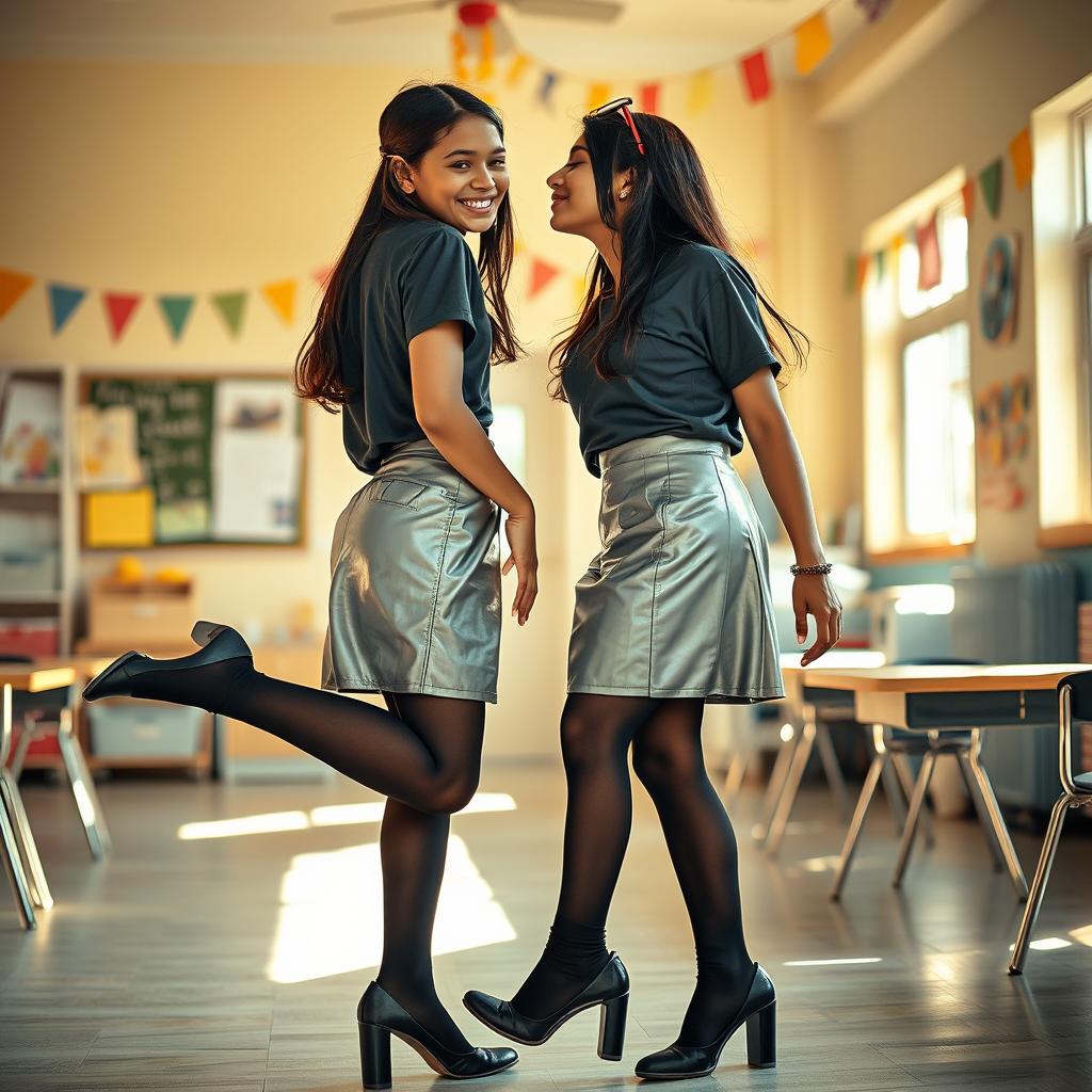 A cozy and inviting scene featuring two young Indian school girls, both aged 18, elegantly dressed in stylish silver leather mini skirts, trendy t-shirts, and black stockings with heeled shoes