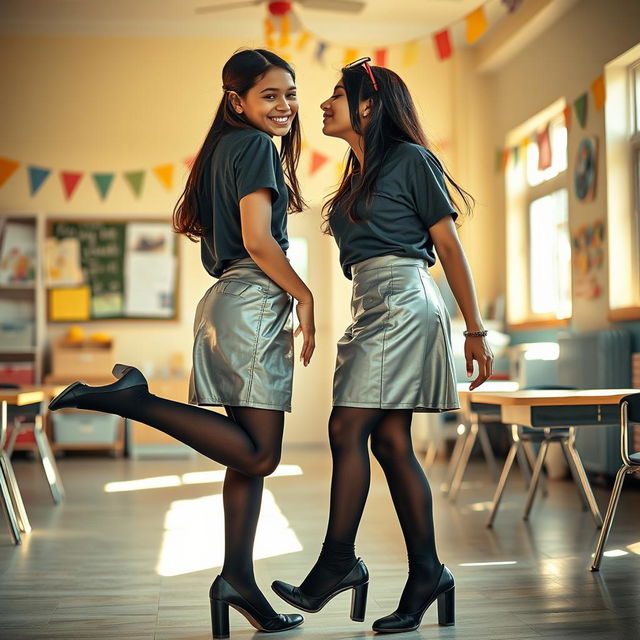 A cozy and inviting scene featuring two young Indian school girls, both aged 18, elegantly dressed in stylish silver leather mini skirts, trendy t-shirts, and black stockings with heeled shoes