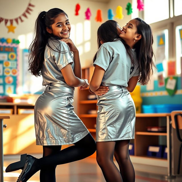 A cozy and inviting scene featuring two young Indian school girls, both aged 18, styled in fashionable silver leather mini skirts, trendy t-shirts, and black stockings with heeled shoes