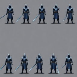 Generate 2D sprites featuring the character Artorias, known for his armor and large greatsword. Show him in various poses and actions in a vibrant pixel art style.