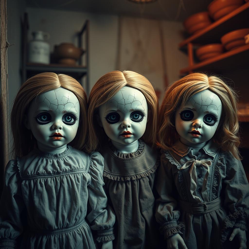 A hyper-realistic portrayal of porcelain dolls, designed to evoke a sense of horror