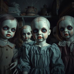 A hyper-realistic portrayal of porcelain dolls, designed to evoke a sense of horror