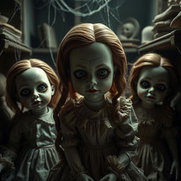 A hyper-realistic portrayal of porcelain dolls, designed to evoke a sense of horror