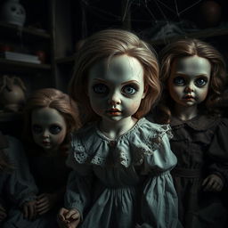 A hyper-realistic portrayal of porcelain dolls, designed to evoke a sense of horror