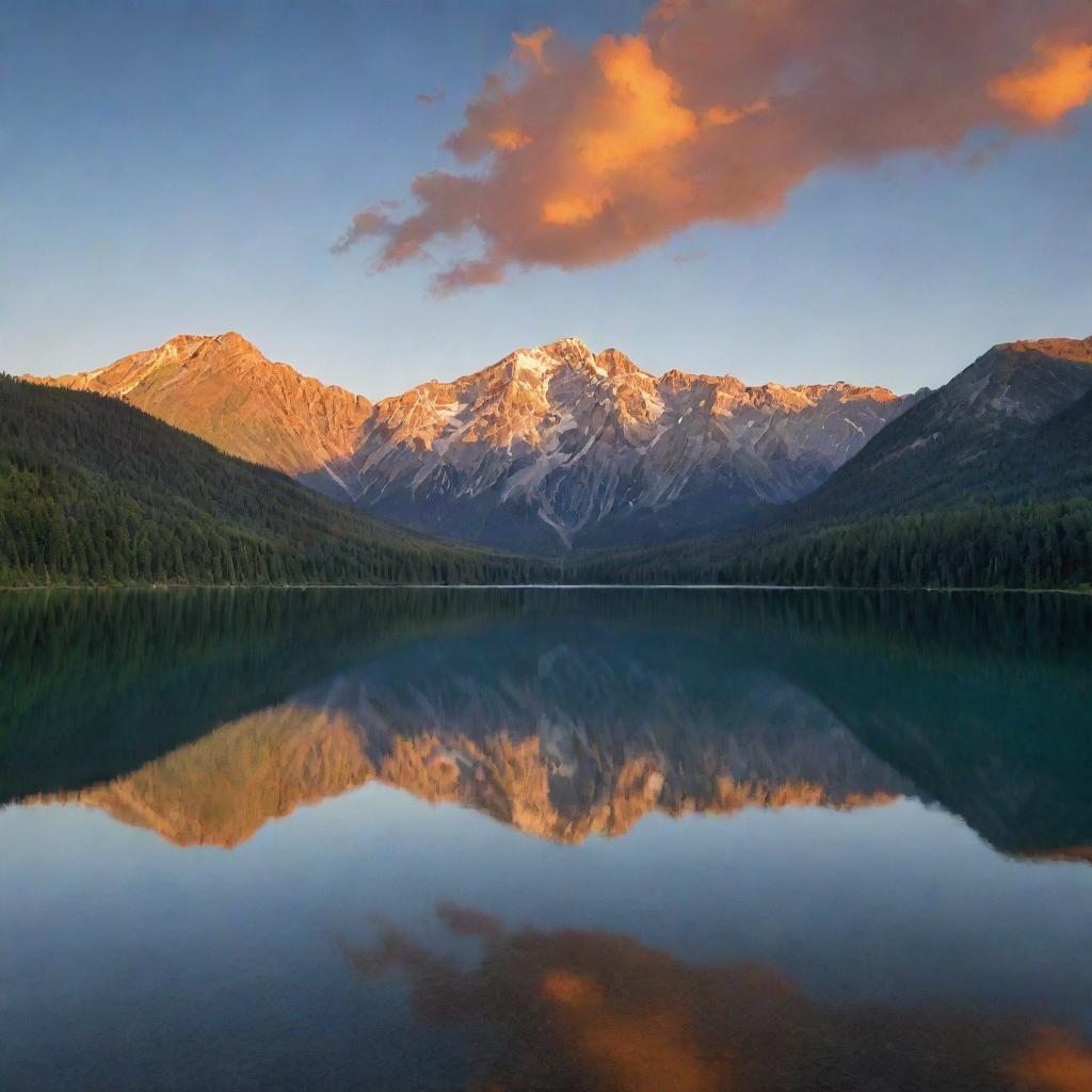 A serene sunset over a majestic mountain range reflecting in a tranquil lake.