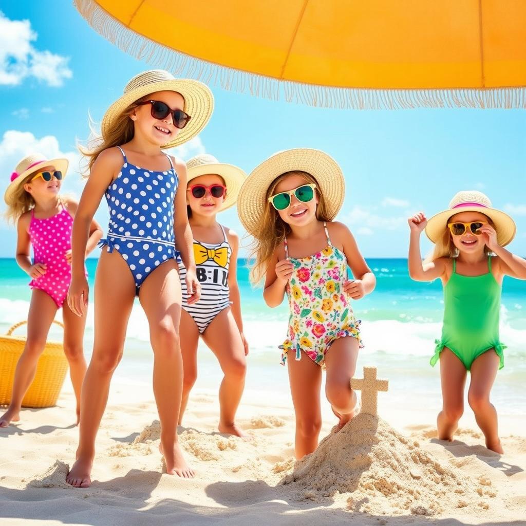 A vibrant summer scene at a beach, featuring a variety of colorful swimsuits designed for girls