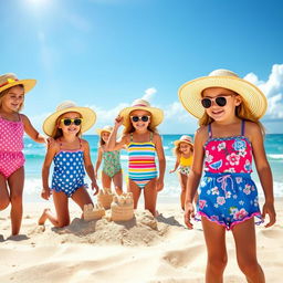 A vibrant summer scene at a beach, featuring a variety of colorful swimsuits designed for girls