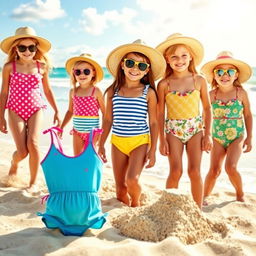 A vibrant summer scene at a beach, featuring a variety of colorful swimsuits designed for girls