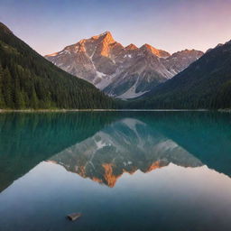 A serene sunset over a majestic mountain range reflecting in a tranquil lake.