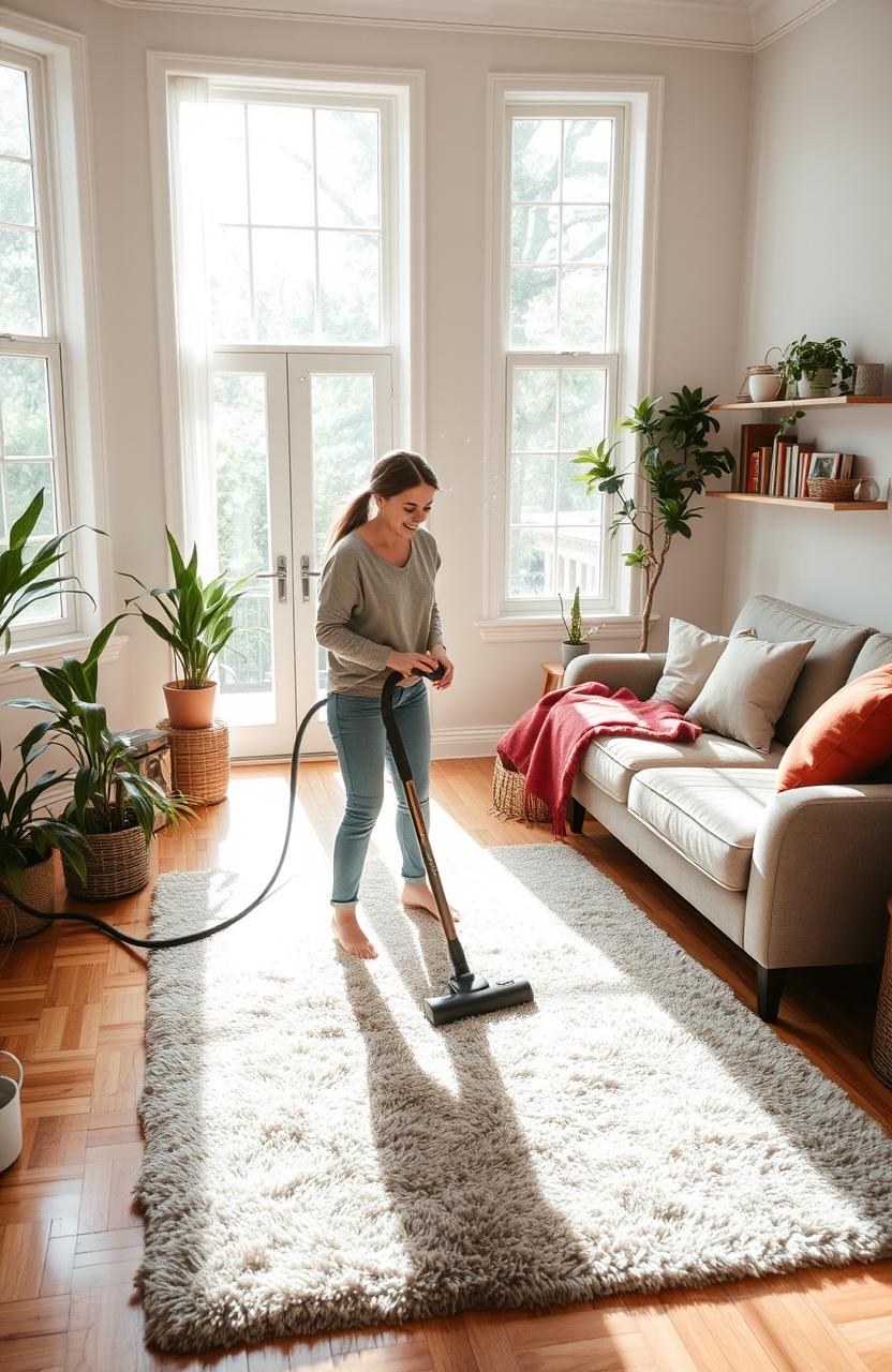 A serene and organized cleaning scene in a cozy, well-lit living room