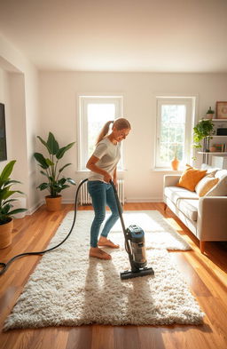 A serene and organized cleaning scene in a cozy, well-lit living room