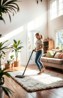 A serene and organized cleaning scene in a cozy, well-lit living room