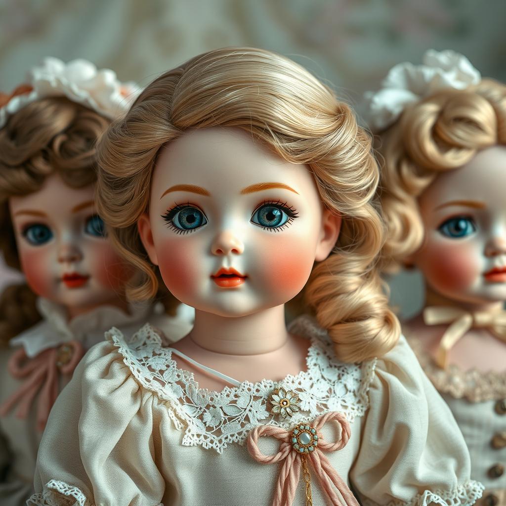 A hyper-realistic depiction of porcelain dolls, featuring exquisite detail in their facial expressions and clothing