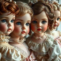 A hyper-realistic depiction of porcelain dolls, featuring exquisite detail in their facial expressions and clothing