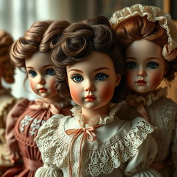 A hyper-realistic depiction of porcelain dolls, featuring exquisite detail in their facial expressions and clothing