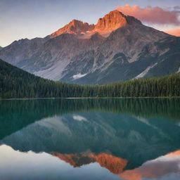 A serene sunset over a majestic mountain range reflecting in a tranquil lake.