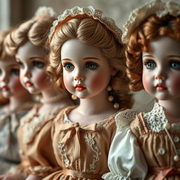 A hyper-realistic depiction of porcelain dolls, featuring exquisite detail in their facial expressions and clothing