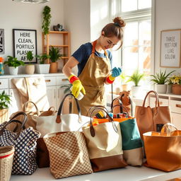 A vibrant scene of a person meticulously cleaning a variety of stylish tote bags in a bright, spacious workspace