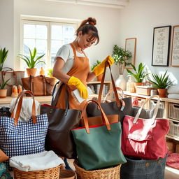 A vibrant scene of a person meticulously cleaning a variety of stylish tote bags in a bright, spacious workspace