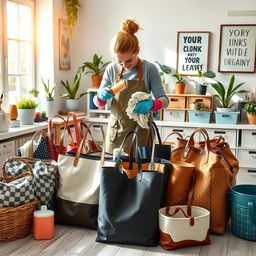 A vibrant scene of a person meticulously cleaning a variety of stylish tote bags in a bright, spacious workspace