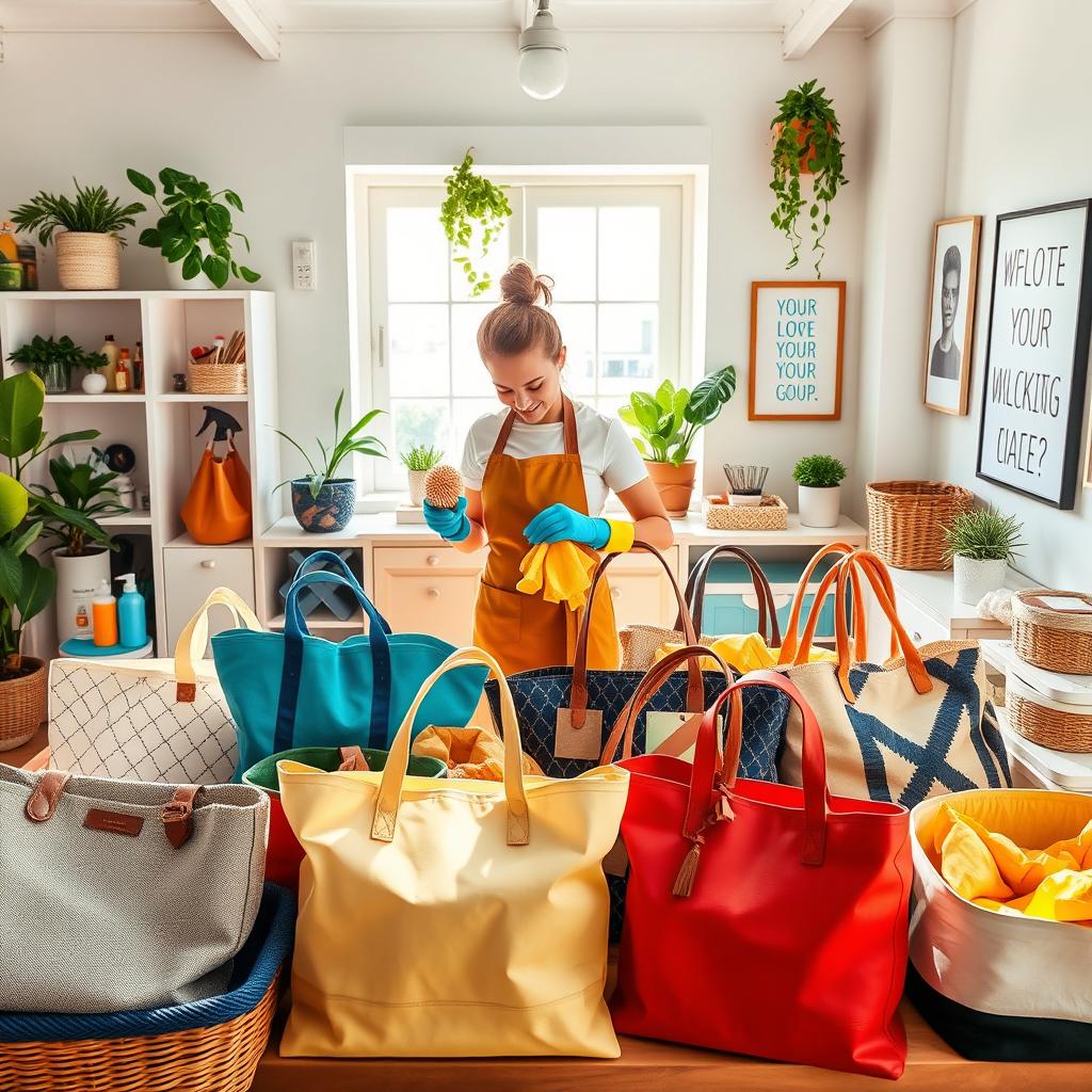 A vibrant scene of a person meticulously cleaning a variety of stylish tote bags in a bright, spacious workspace