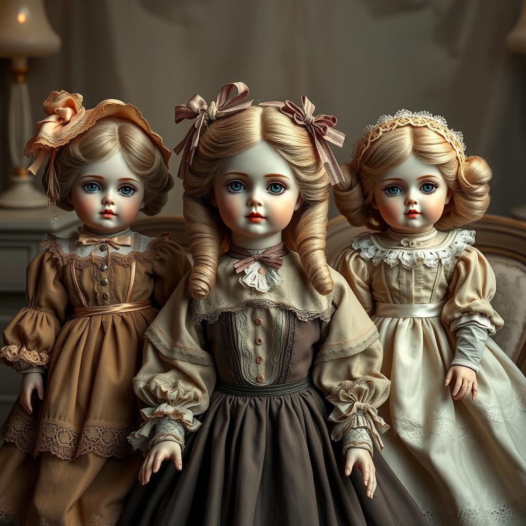 A hyper-realistic depiction of antique porcelain dolls, showcasing their exquisite craftsmanship and historical details