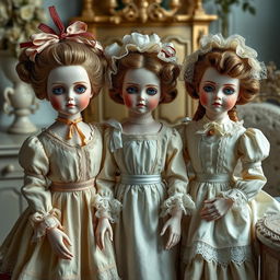 A hyper-realistic depiction of antique porcelain dolls, showcasing their exquisite craftsmanship and historical details