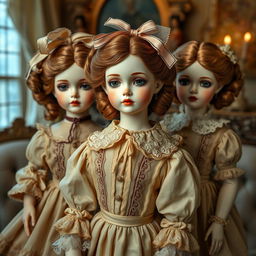 A hyper-realistic depiction of antique porcelain dolls, showcasing their exquisite craftsmanship and historical details