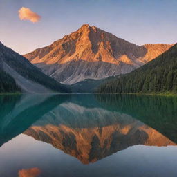 A serene sunset over a majestic mountain range reflecting in a tranquil lake.