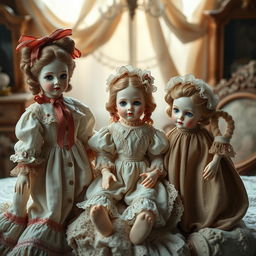 A hyper-realistic depiction of antique porcelain dolls, showcasing their exquisite craftsmanship and historical details