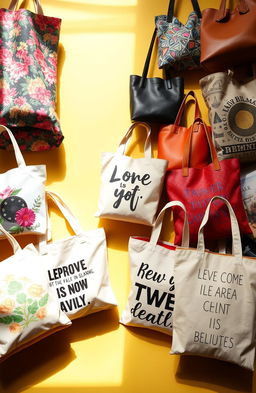 A vibrant and colorful assortment of various tote bags, including canvas, leather, and recycled materials, displayed on a bright backdrop