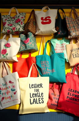 A vibrant and colorful assortment of various tote bags, including canvas, leather, and recycled materials, displayed on a bright backdrop