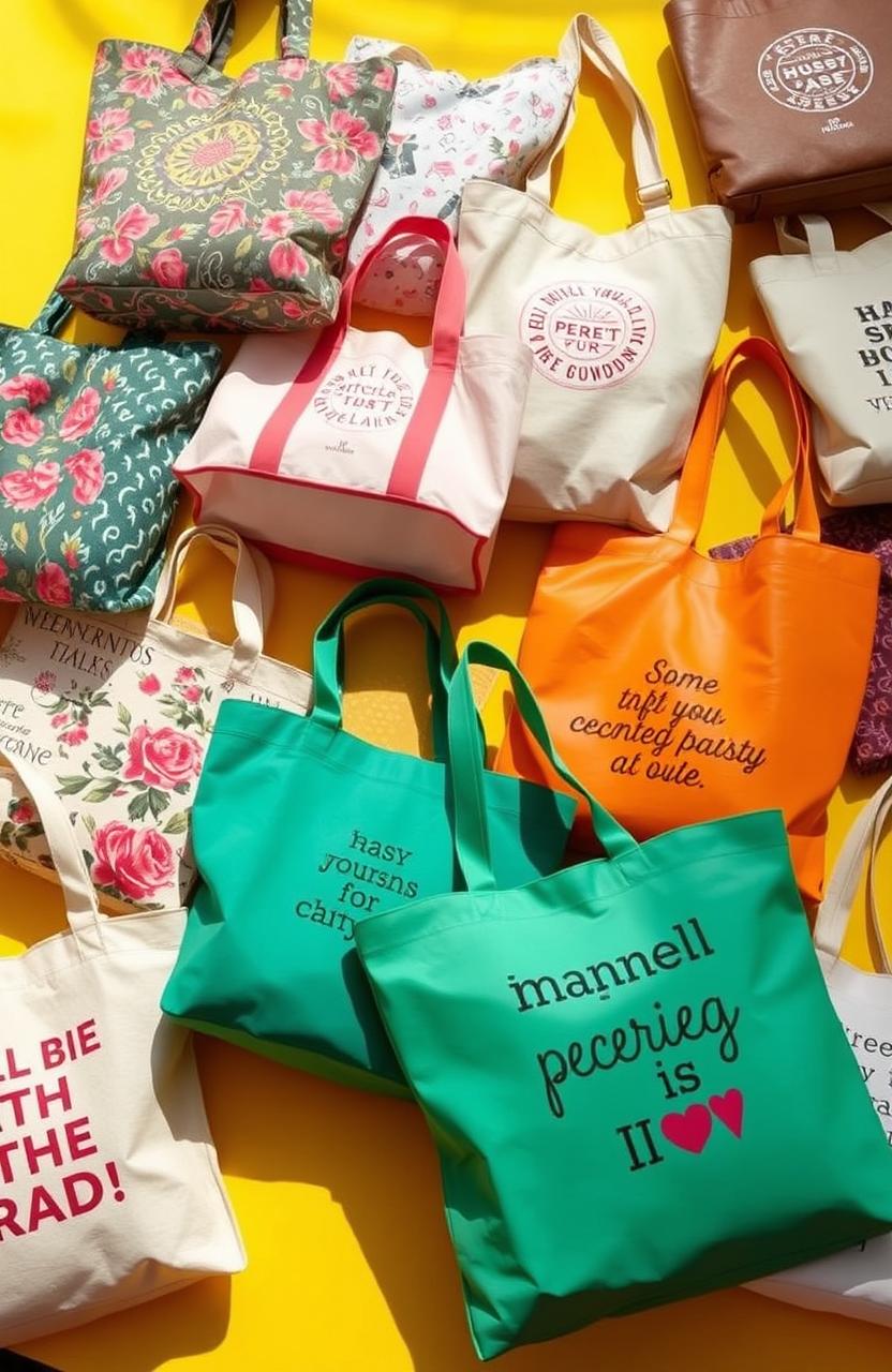 A vibrant and colorful assortment of various tote bags, including canvas, leather, and recycled materials, displayed on a bright backdrop