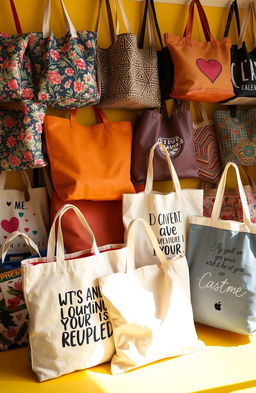 A vibrant and colorful assortment of various tote bags, including canvas, leather, and recycled materials, displayed on a bright backdrop