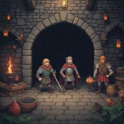 Generate an image resembling a scene from the game 'Who Needs a Hero?', complete with cartoonish medieval characters, mysterious dungeons, and vibrant treasures.