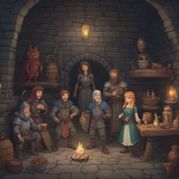 Generate an image resembling a scene from the game 'Who Needs a Hero?', complete with cartoonish medieval characters, mysterious dungeons, and vibrant treasures.