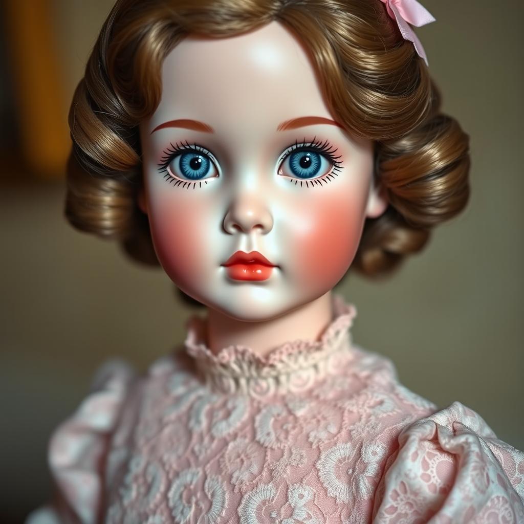 A hyper-realistic depiction of a porcelain doll named Tiffany, showcasing intricate details of her delicate features and elegant attire