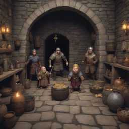 Generate an image resembling a scene from the game 'Who Needs a Hero?', complete with cartoonish medieval characters, mysterious dungeons, and vibrant treasures.