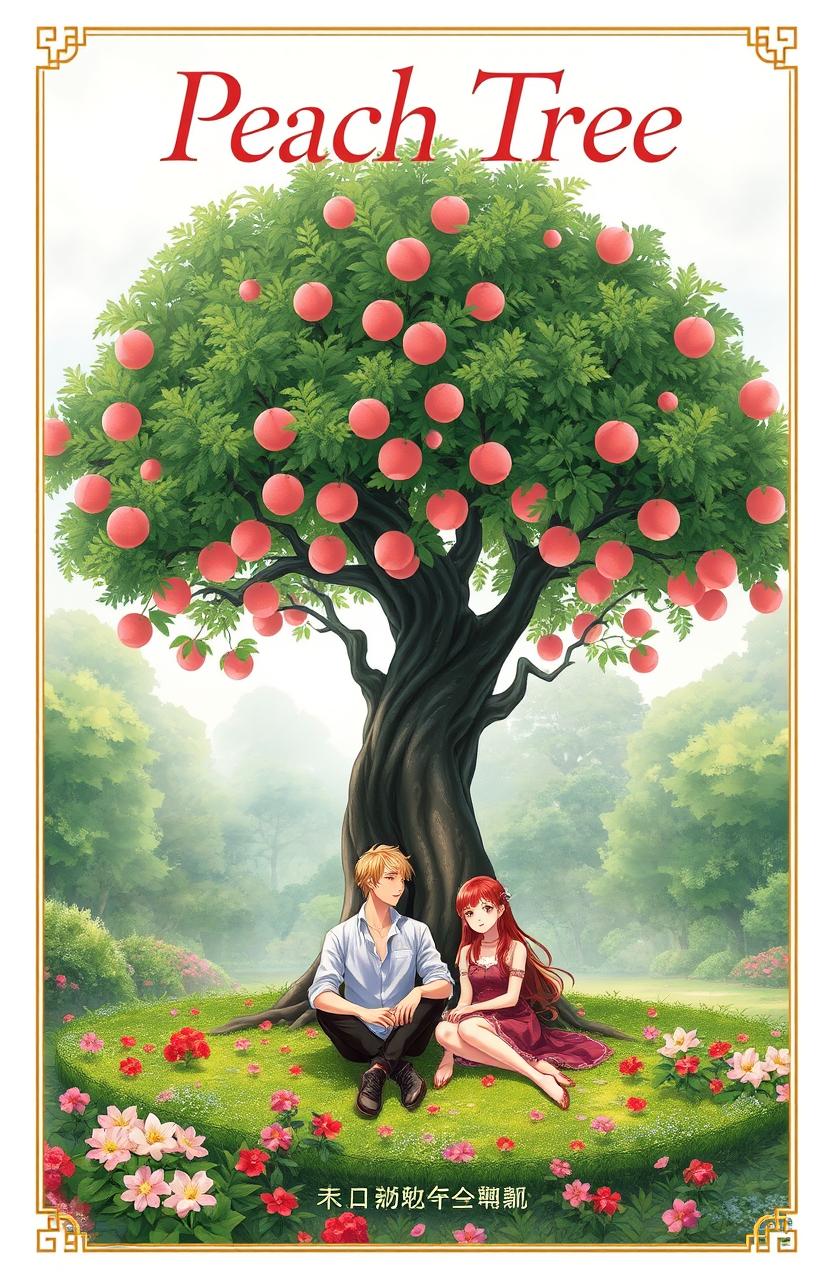 A beautiful book cover featuring a lush garden background, with a massive peach tree dominating the center