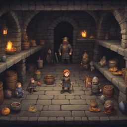 Generate an image resembling a scene from the game 'Who Needs a Hero?', complete with cartoonish medieval characters, mysterious dungeons, and vibrant treasures.