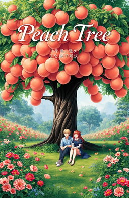 A beautiful book cover featuring a lush garden background, with a massive peach tree dominating the center