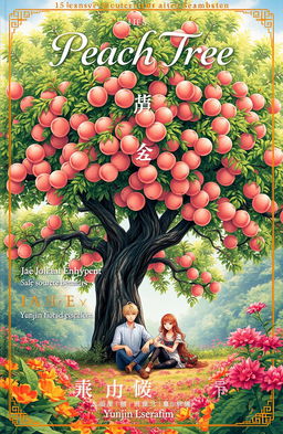 A beautiful book cover featuring a lush garden background, with a massive peach tree dominating the center